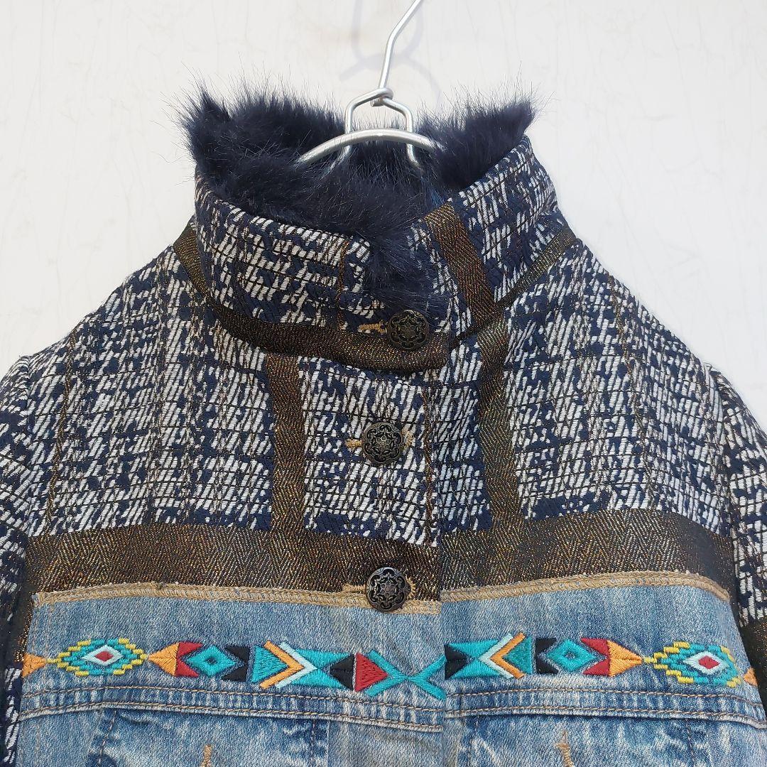 個性派✨Desigual 豪華刺繍 デニムパッチワーク ロングコート ファー襟