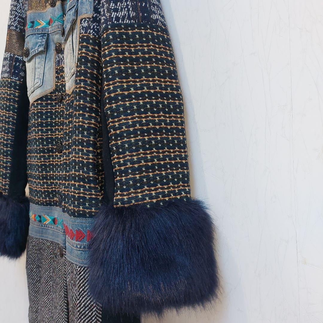個性派✨Desigual 豪華刺繍 デニムパッチワーク ロングコート ファー襟