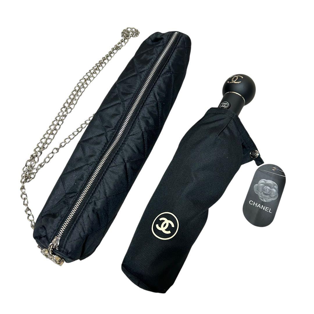 CHANEL 折り畳み傘　ケース付き　カメリア　ブラック　チェーン