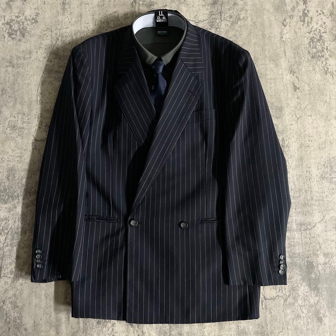 極美品 極上ウール GUCCI ネクタイ ストライプ ダブルブレストスーツ 漆黒