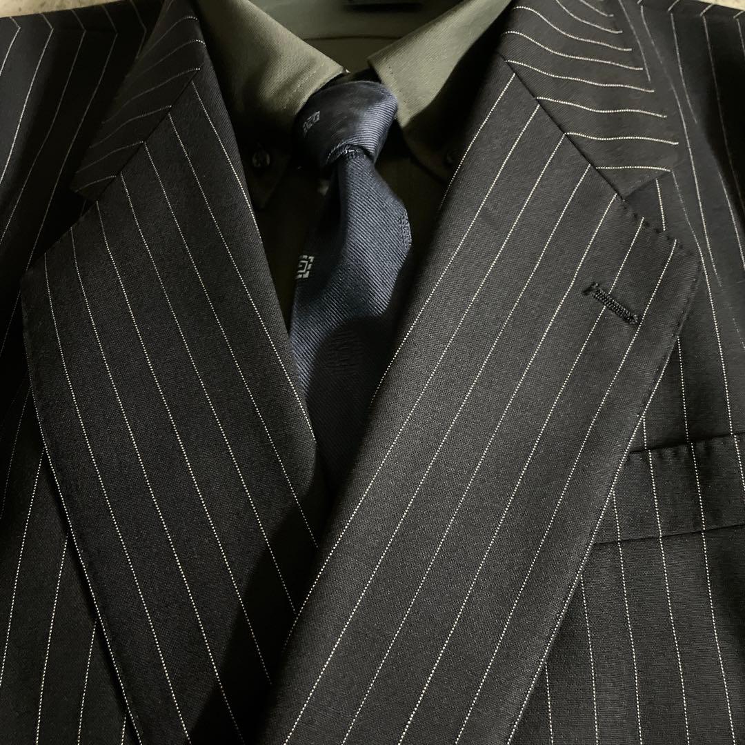 極美品 極上ウール GUCCI ネクタイ ストライプ ダブルブレストスーツ 漆黒