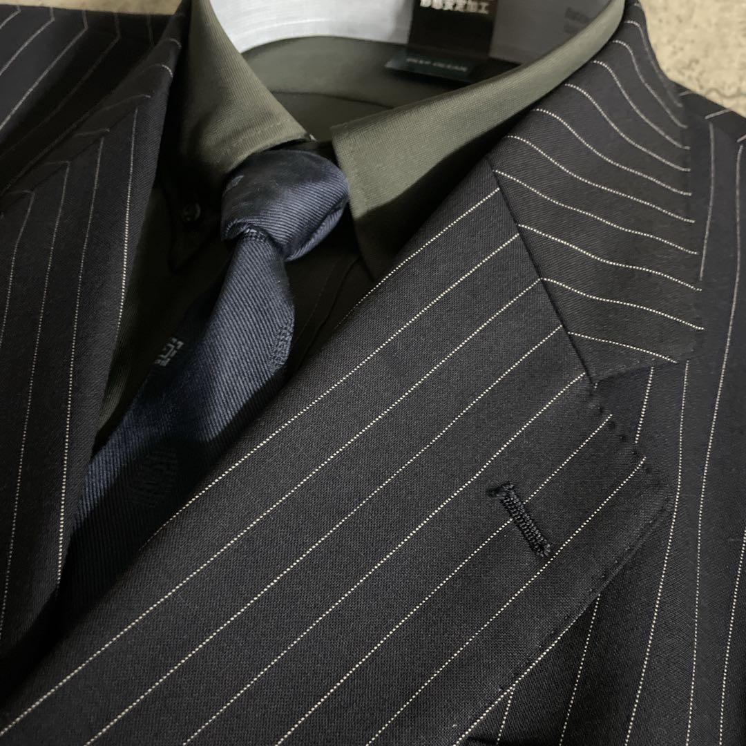 極美品 極上ウール GUCCI ネクタイ ストライプ ダブルブレストスーツ 漆黒