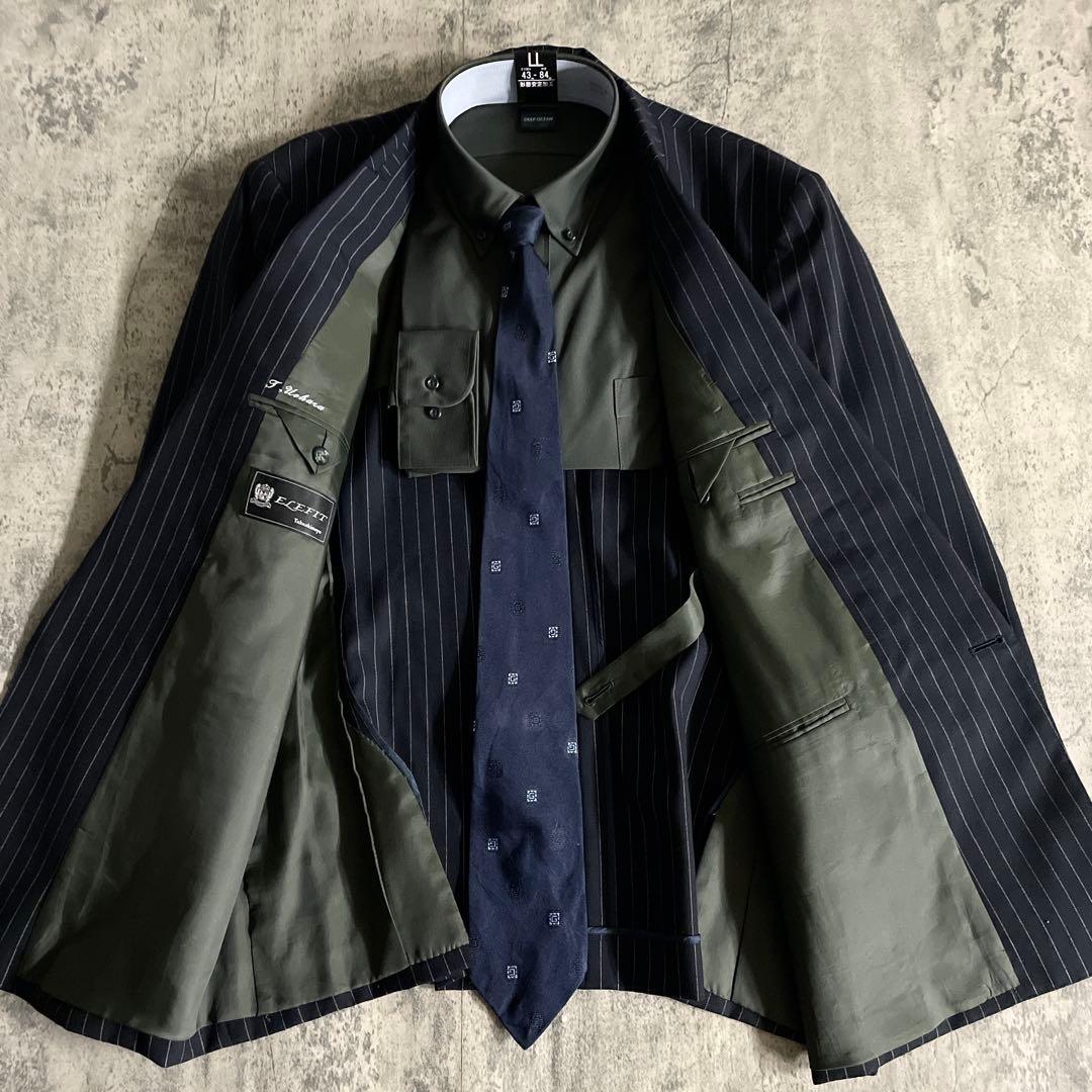 極美品 極上ウール GUCCI ネクタイ ストライプ ダブルブレストスーツ 漆黒