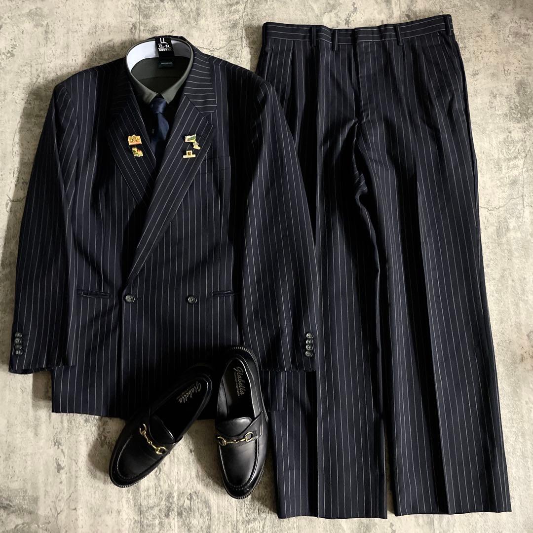 極美品 極上ウール GUCCI ネクタイ ストライプ ダブルブレストスーツ 漆黒