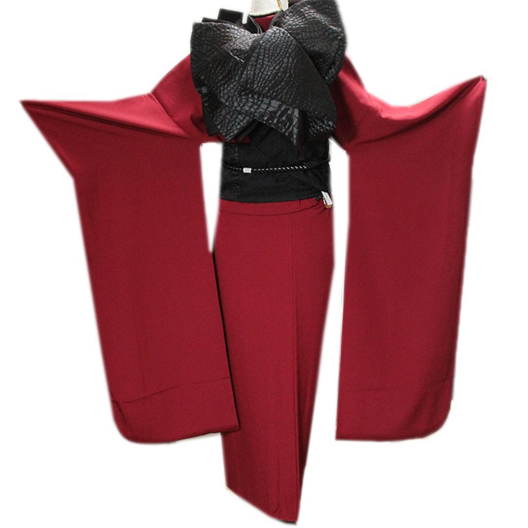 美品!作家物無地/赤成人式振袖7点セット無地帯新品小物帯揚げ帯締め重ね衿SK17