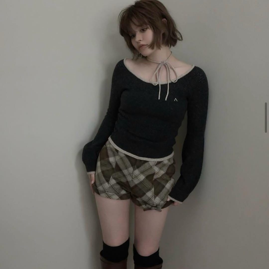 andmary Ribbon check mini pants ベージュ