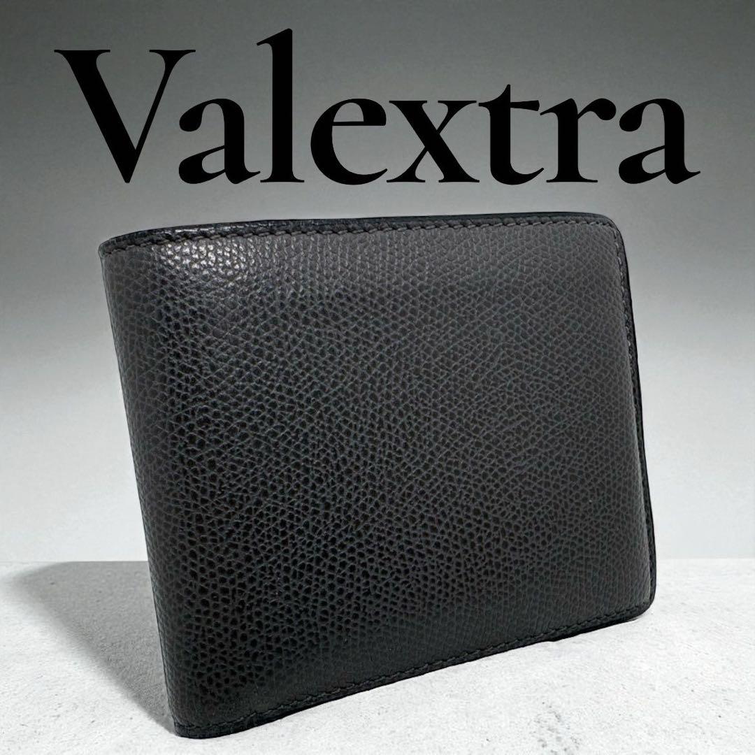 【美品】ヴァレクストラ 二つ折り財布 コンパクトウォレット ダークグレー レザー