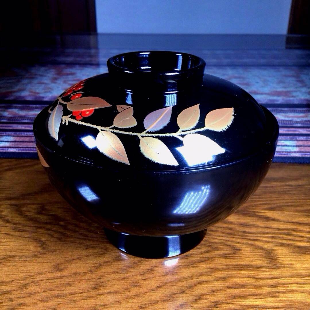『メルうー特価』　大峰　『平安　吸椀　黒　南天』　蓋付お吸い物椀　5客