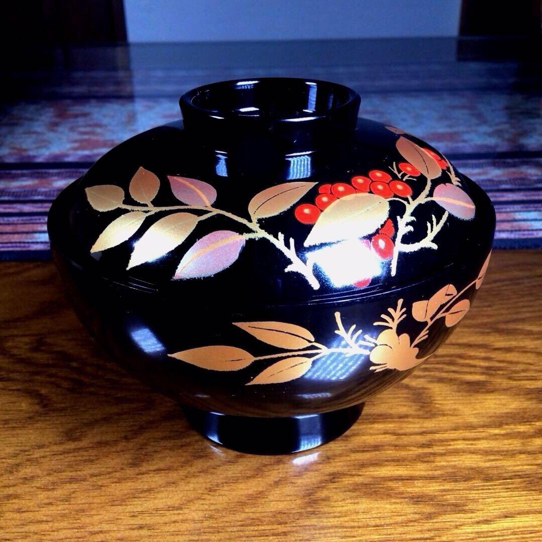 『メルうー特価』　大峰　『平安　吸椀　黒　南天』　蓋付お吸い物椀　5客