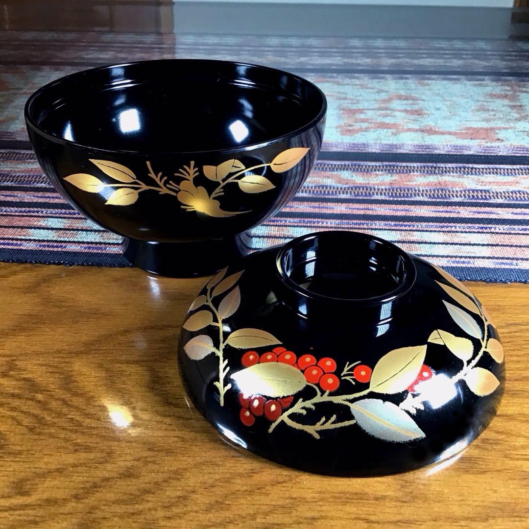 『メルうー特価』　大峰　『平安　吸椀　黒　南天』　蓋付お吸い物椀　5客
