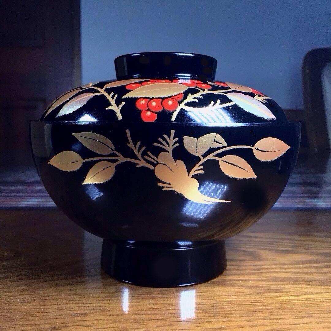 『メルうー特価』　大峰　『平安　吸椀　黒　南天』　蓋付お吸い物椀　5客