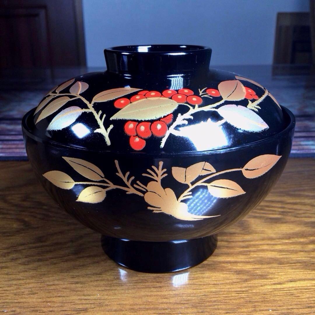 『メルうー特価』　大峰　『平安　吸椀　黒　南天』　蓋付お吸い物椀　5客