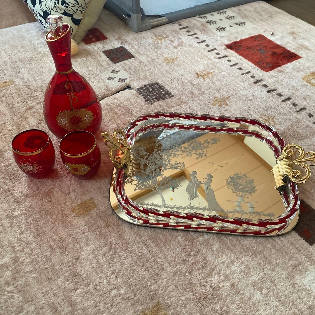 ベネチアンガラス ムラーノ エッチングミラートレイムラーノガラス水差しデキャンタ