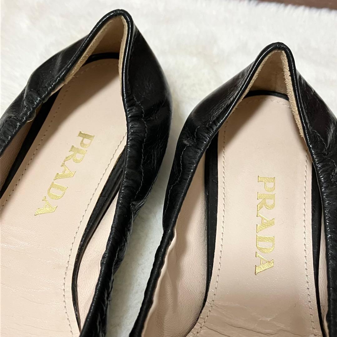 美品 PRADA バレエ シューズ 黒 36 スタッズ ベルト フラット 靴
