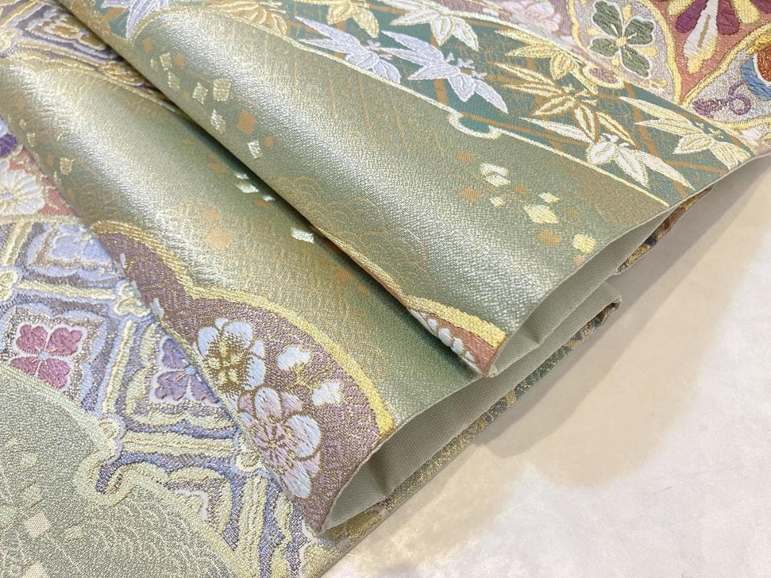 西陣織 唐織り 雪輪取り 銀通し 袋帯 正絹 白 ピンク 黄緑 パステル 716