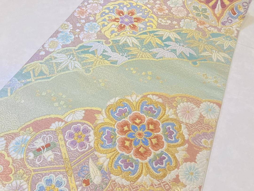 西陣織 唐織り 雪輪取り 銀通し 袋帯 正絹 白 ピンク 黄緑 パステル 716