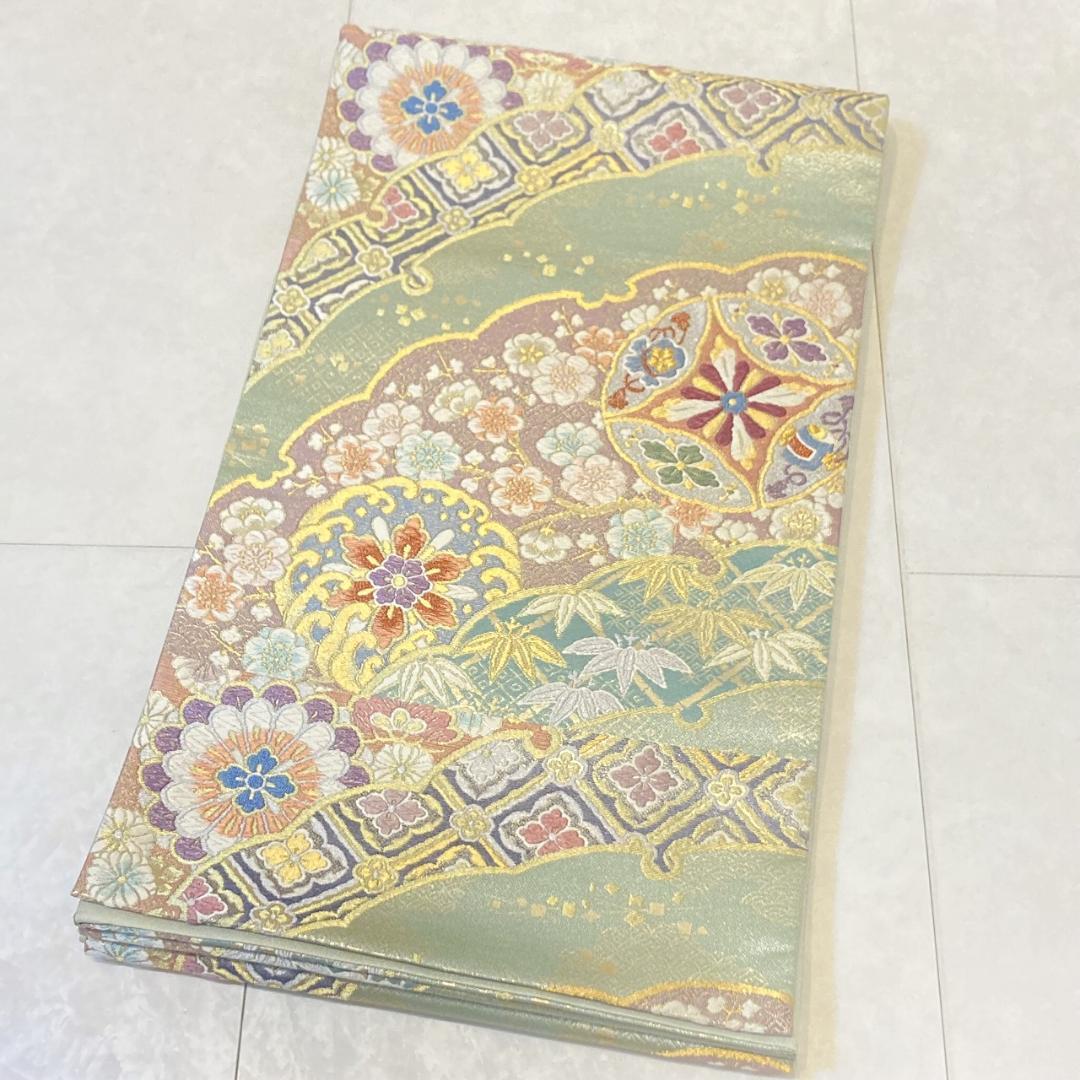 西陣織 唐織り 雪輪取り 銀通し 袋帯 正絹 白 ピンク 黄緑 パステル 716