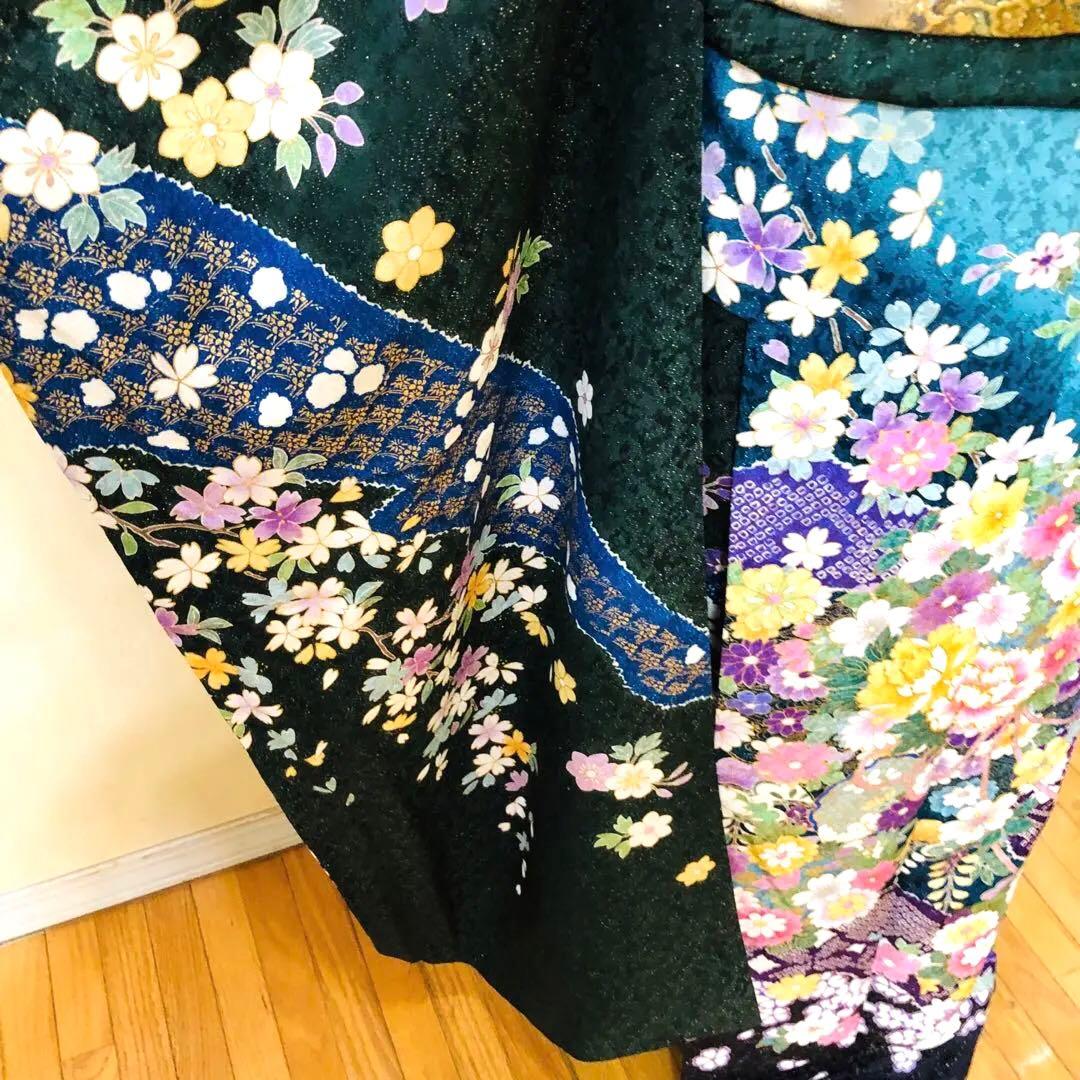 振袖正絹フルセット‼️豪華絢爛深緑×水色ラメキッラキラ⭐︎花々金彩刺繍⭐︎新品豪華袋帯