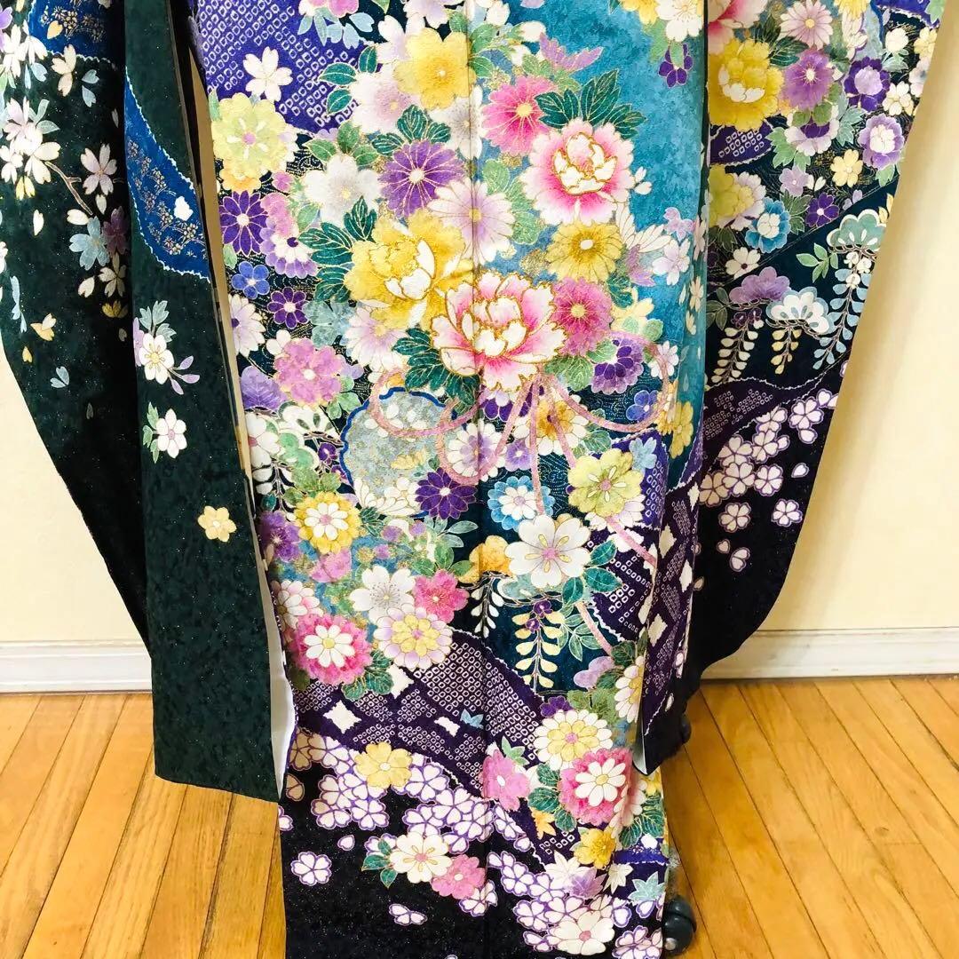 振袖正絹フルセット‼️豪華絢爛深緑×水色ラメキッラキラ⭐︎花々金彩刺繍⭐︎新品豪華袋帯