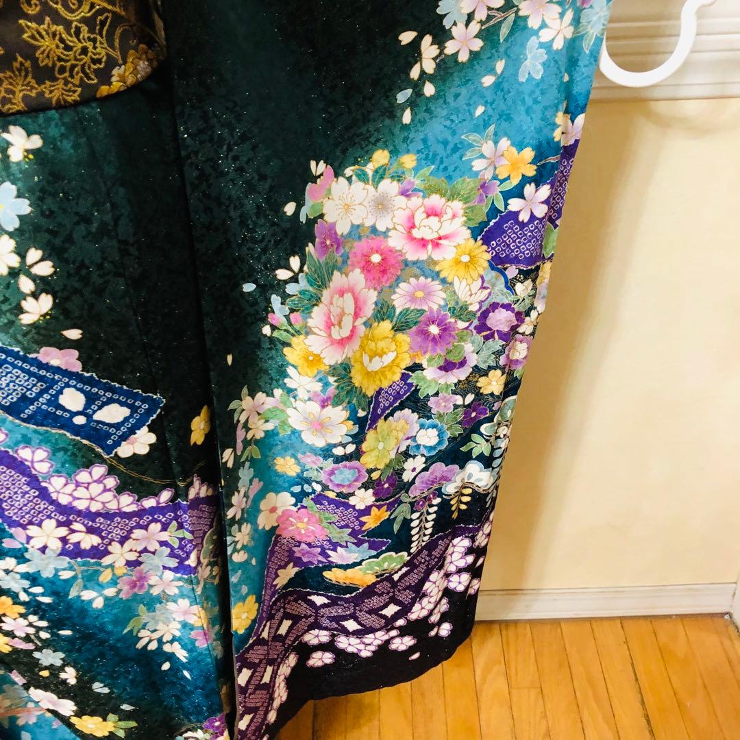 振袖正絹フルセット‼️豪華絢爛深緑×水色ラメキッラキラ⭐︎花々金彩刺繍⭐︎新品豪華袋帯