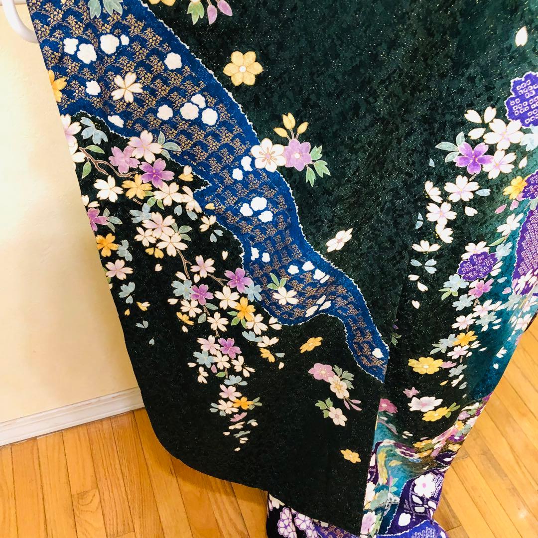 振袖正絹フルセット‼️豪華絢爛深緑×水色ラメキッラキラ⭐︎花々金彩刺繍⭐︎新品豪華袋帯