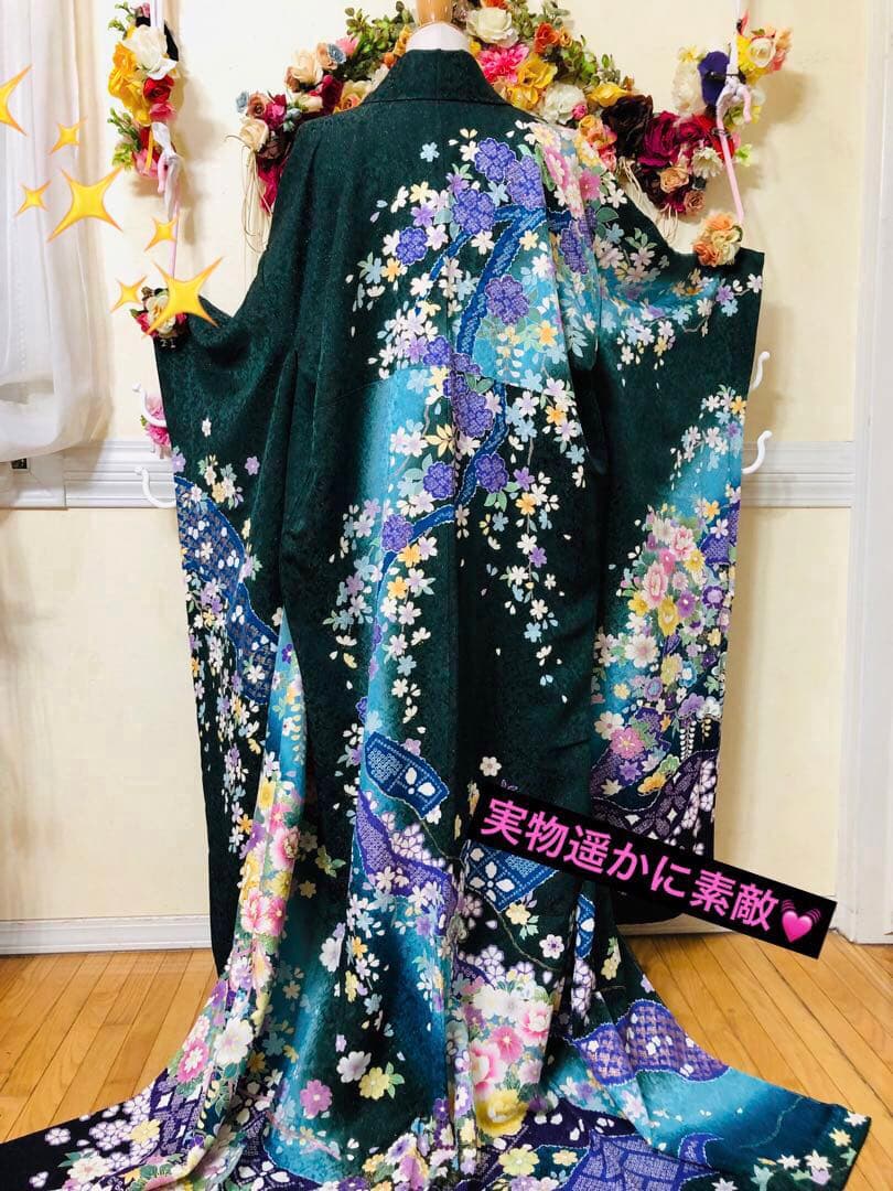振袖正絹フルセット‼️豪華絢爛深緑×水色ラメキッラキラ⭐︎花々金彩刺繍⭐︎新品豪華袋帯