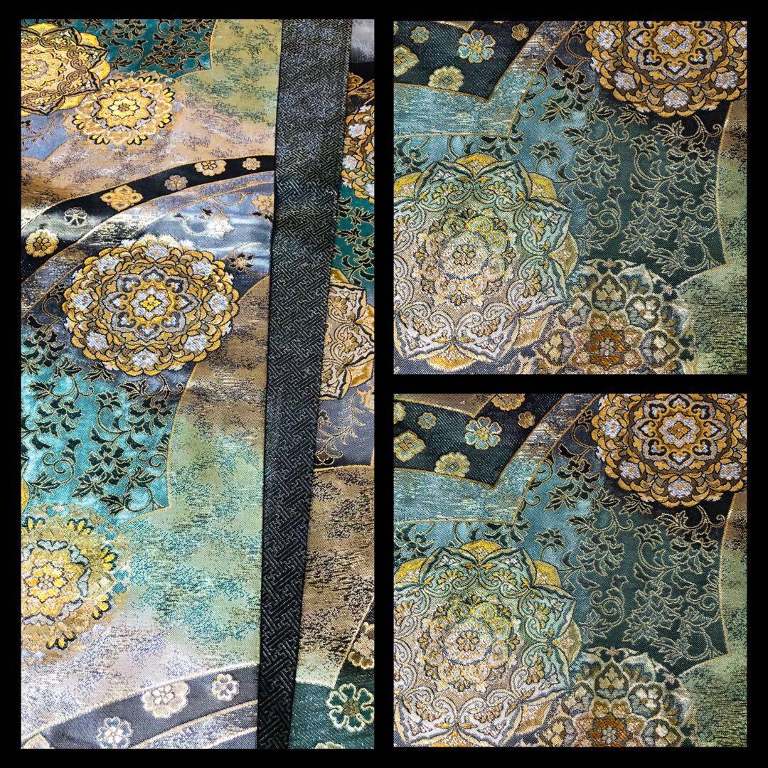 振袖正絹フルセット‼️豪華絢爛深緑×水色ラメキッラキラ⭐︎花々金彩刺繍⭐︎新品豪華袋帯