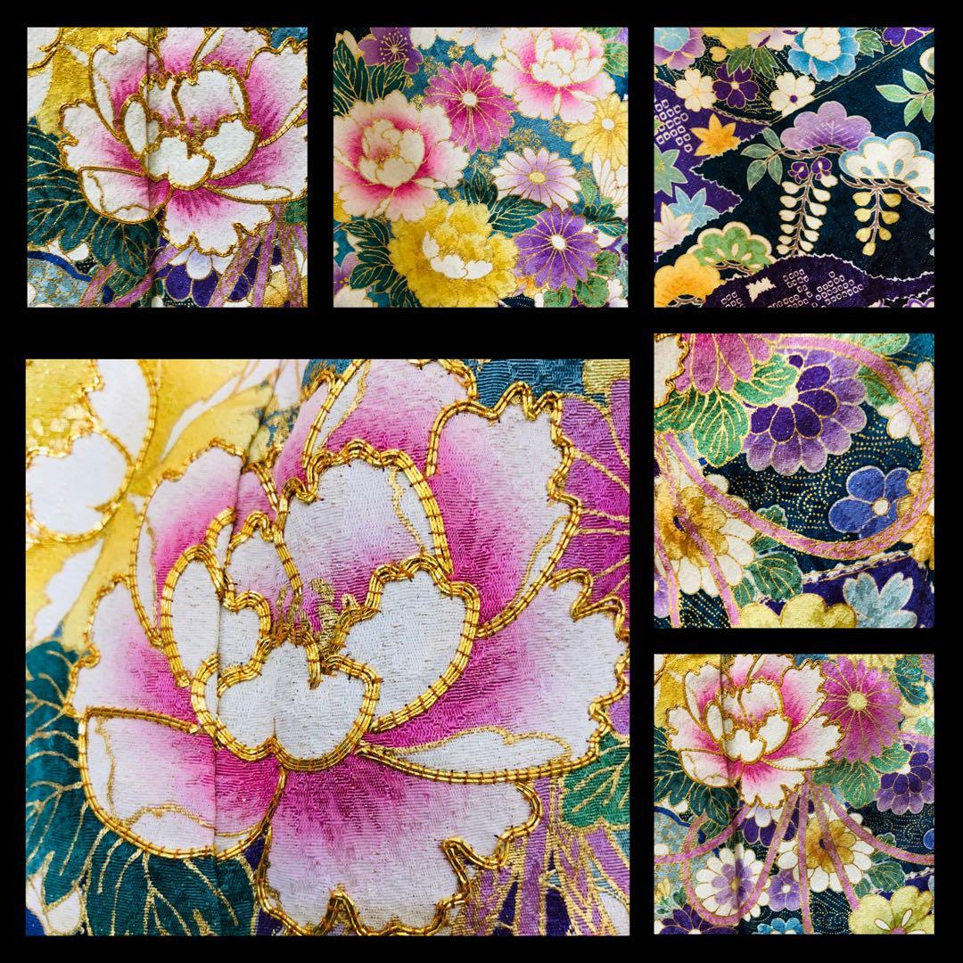 振袖正絹フルセット‼️豪華絢爛深緑×水色ラメキッラキラ⭐︎花々金彩刺繍⭐︎新品豪華袋帯