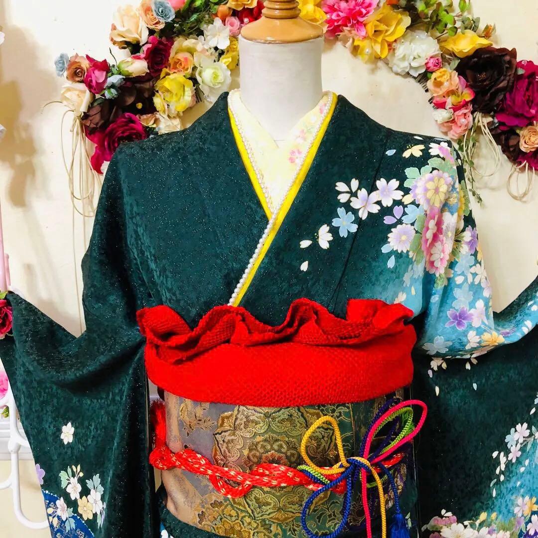 振袖正絹フルセット‼️豪華絢爛深緑×水色ラメキッラキラ⭐︎花々金彩刺繍⭐︎新品豪華袋帯
