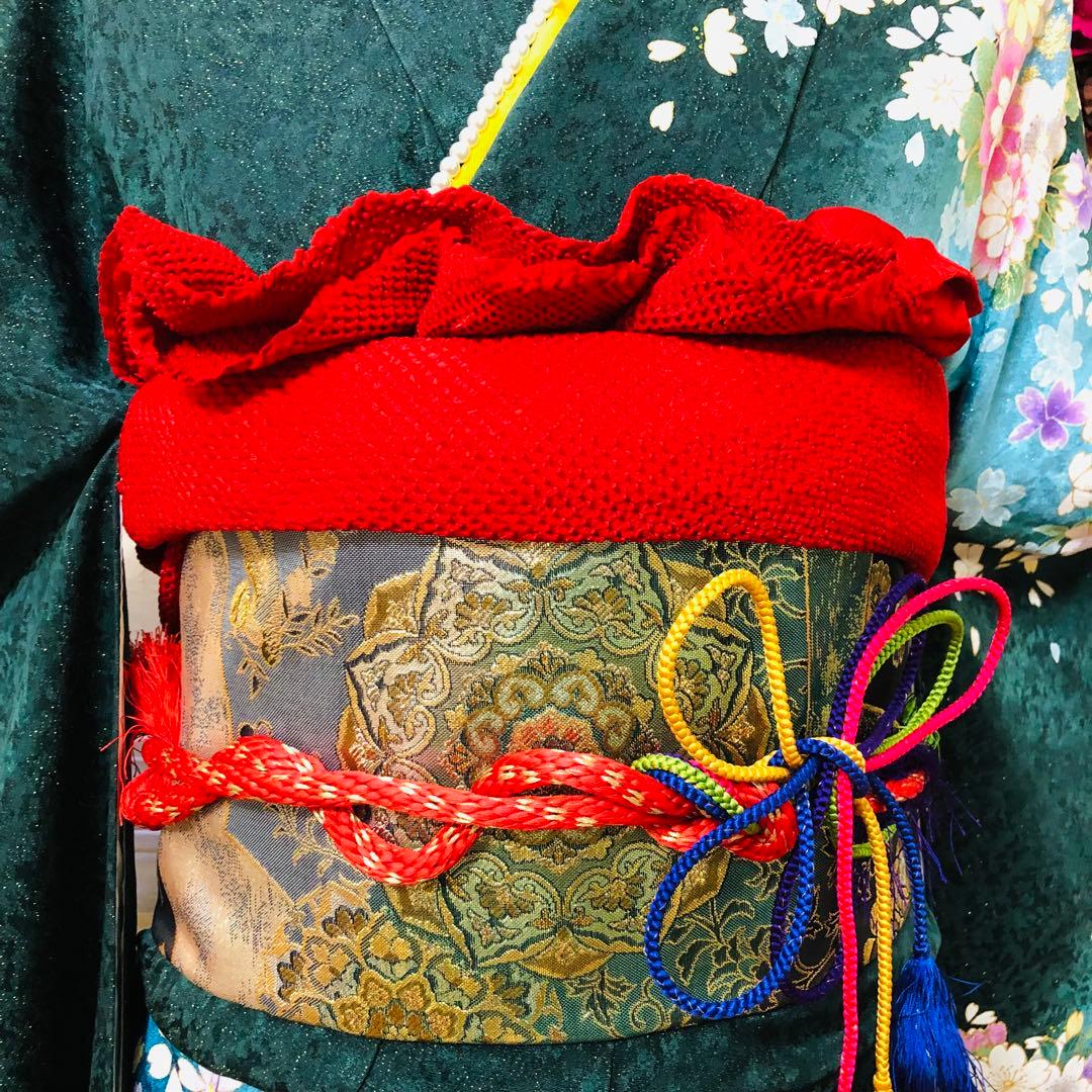 振袖正絹フルセット‼️豪華絢爛深緑×水色ラメキッラキラ⭐︎花々金彩刺繍⭐︎新品豪華袋帯