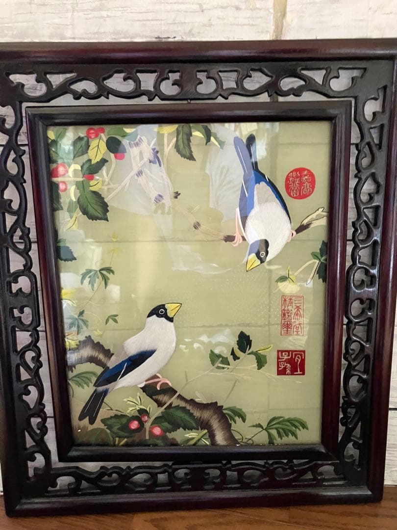 l*i様 三希堂精鑑璽印　乾隆帝 花鳥画 両面　刺繍 中国画 絵画　装飾額