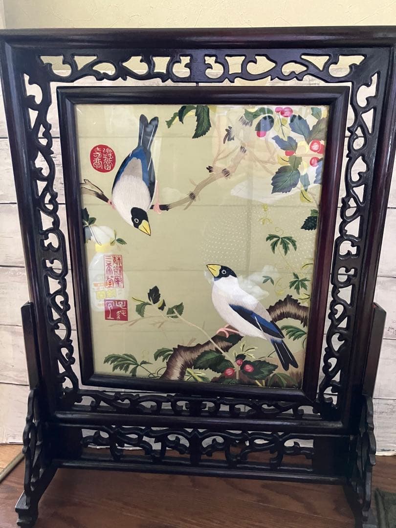 l*i様 三希堂精鑑璽印　乾隆帝 花鳥画 両面　刺繍 中国画 絵画　装飾額