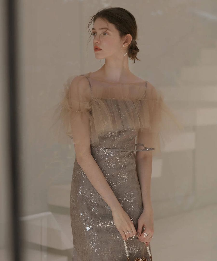 Leja チュールフリルボレロペイントマーメイドドレス グレー　S