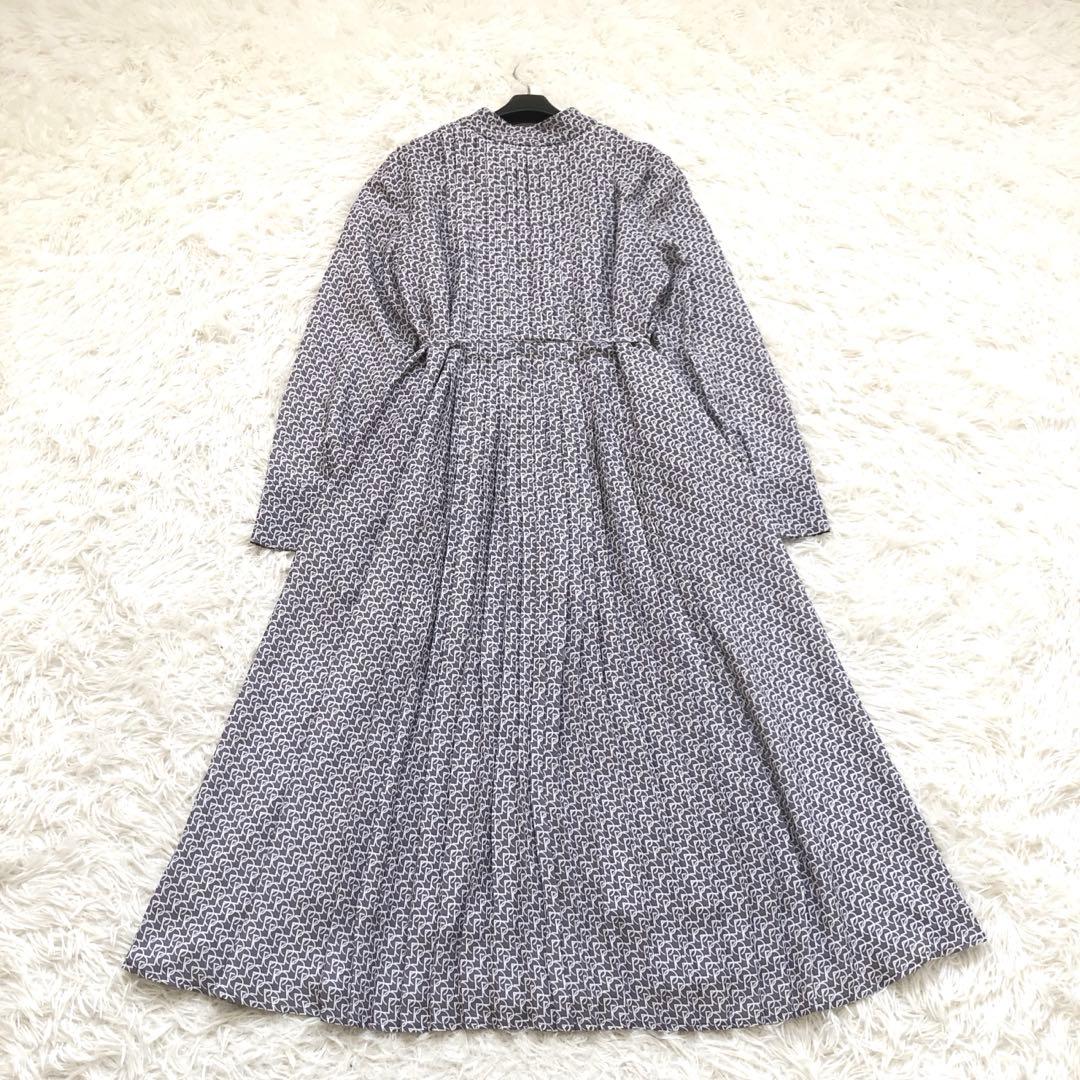 上品✨セルフォード ボウタイプリーツワンピース ウエストリボン マキシ丈 幾何学
