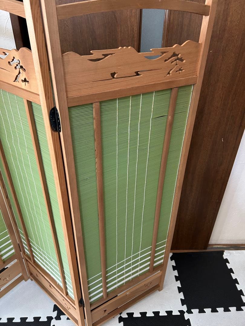 昭和レトロ 古家具 木製衝立 4連 パーテーション 間仕切り 仕切り屏風　透かし