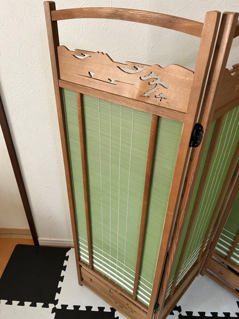 昭和レトロ 古家具 木製衝立 4連 パーテーション 間仕切り 仕切り屏風　透かし