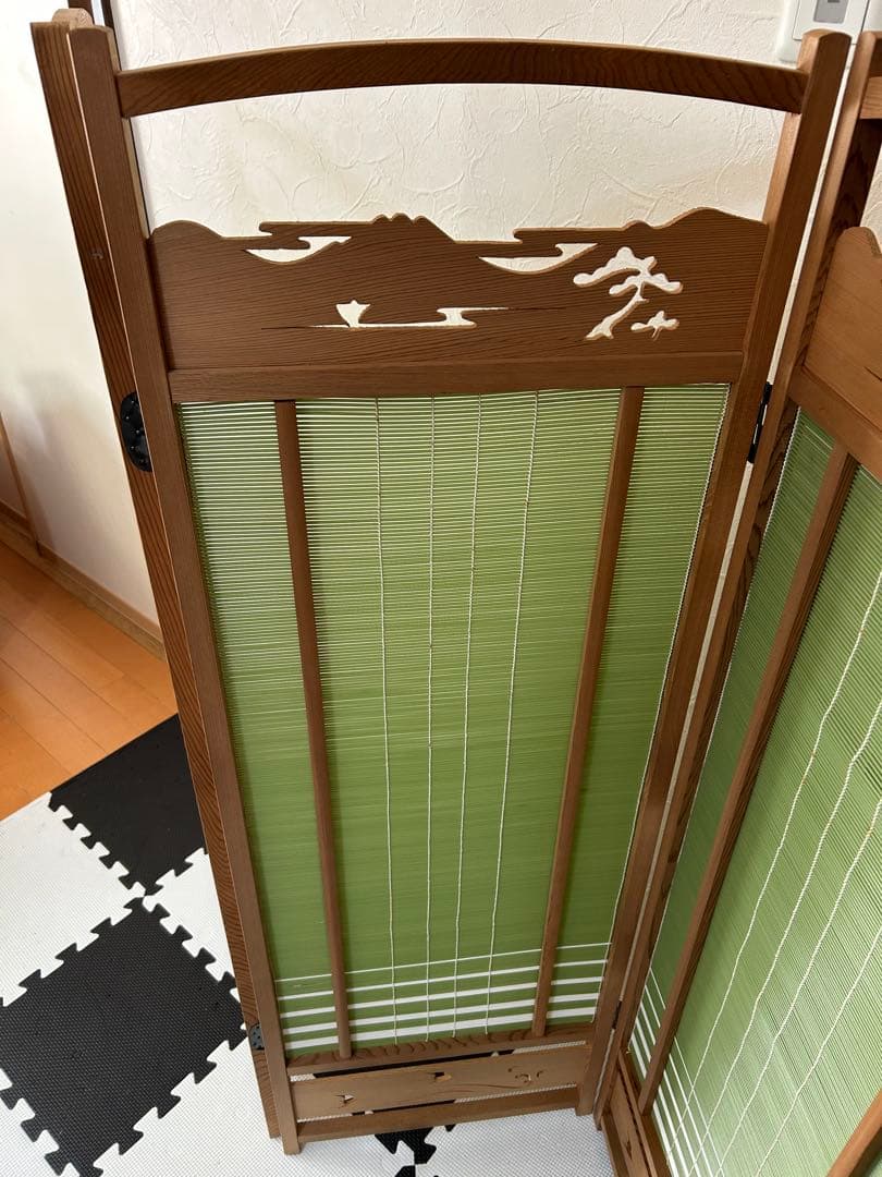 昭和レトロ 古家具 木製衝立 4連 パーテーション 間仕切り 仕切り屏風　透かし