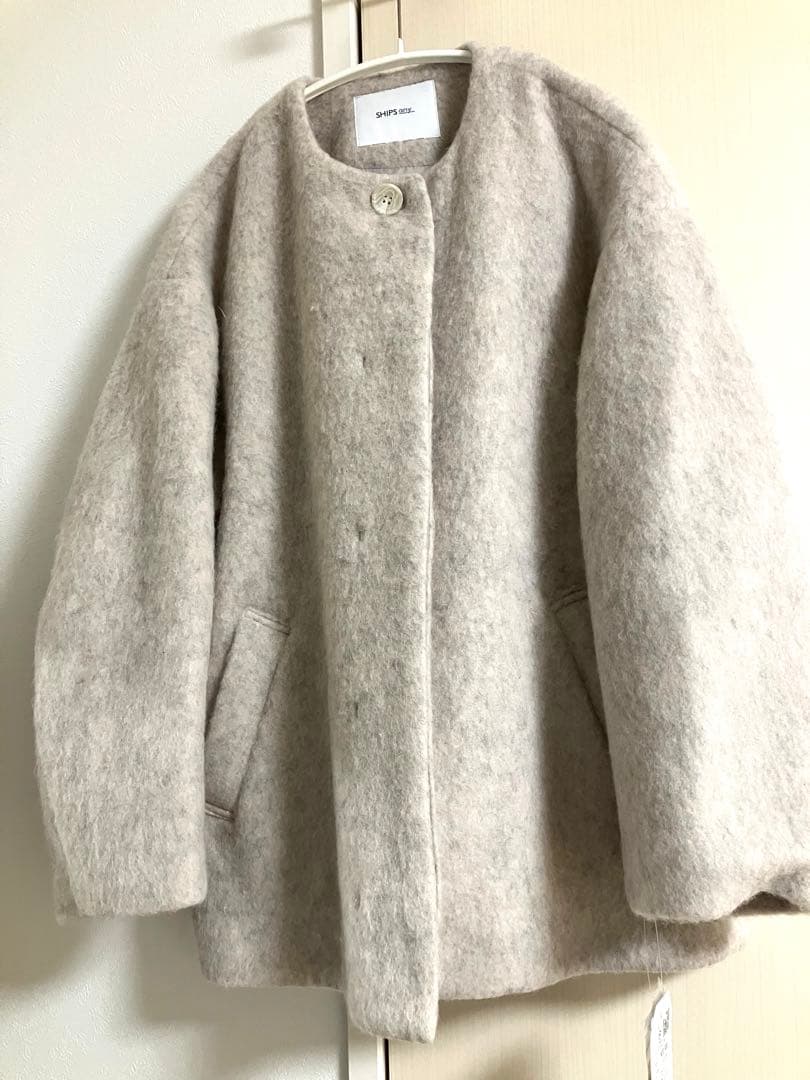 今期新品シップス エニィ☆シャギー ノーカラー コクーン コートホワイトベージュ