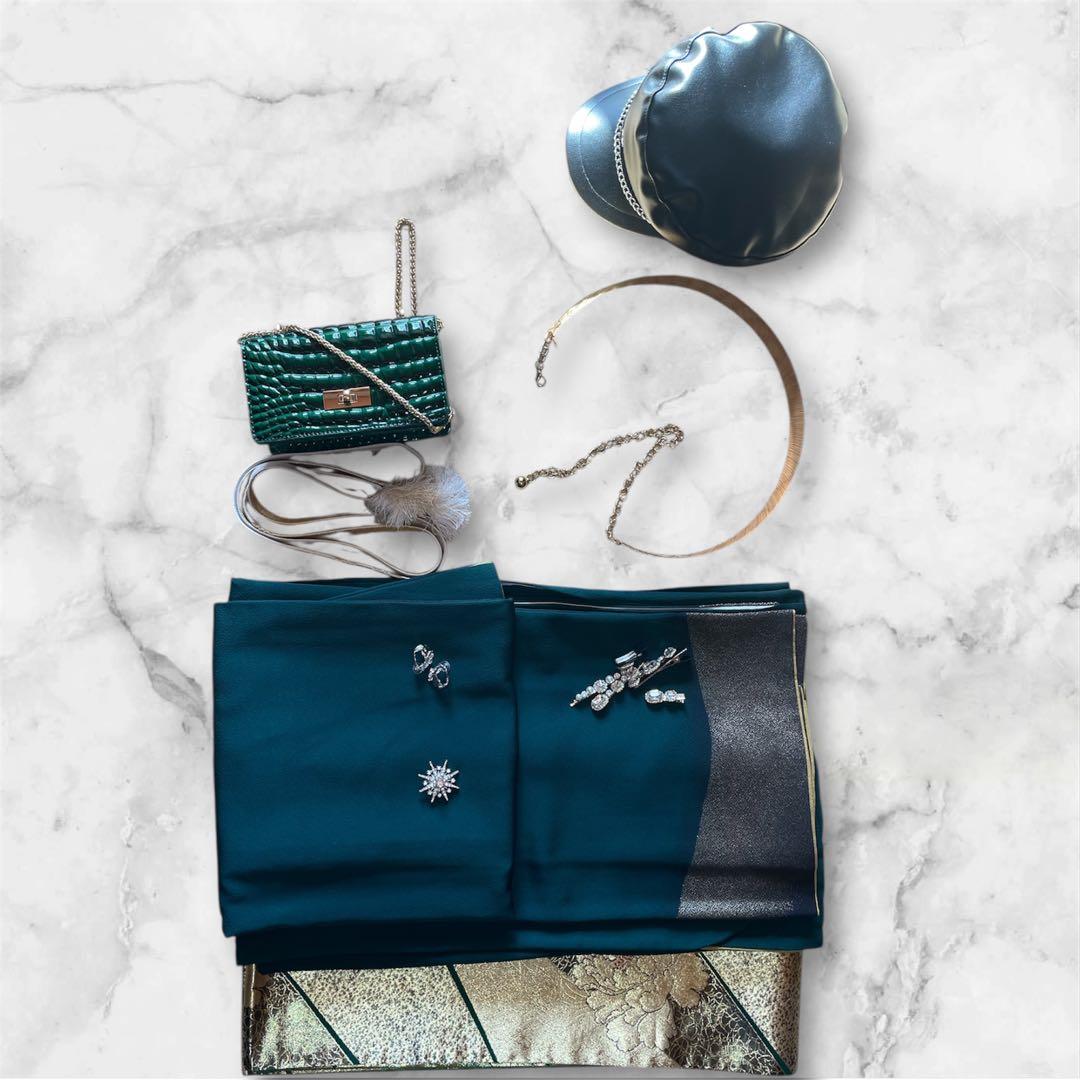 振袖 フルセット 山本寛斎 グリーン 全通帯 リバーシブル