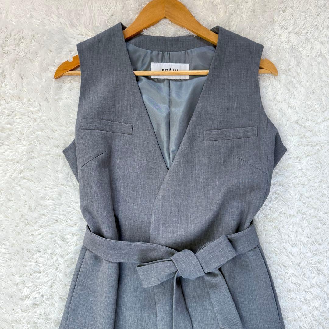 ソージュ　ウールライクロングジレ　ベスト　ロング丈　無地　グレー　F　ベルト