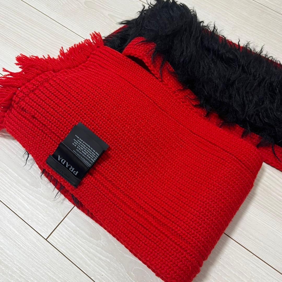 PRADA/プラダ/マフラー/ストール 赤×黒 ニット×ファー/ウール/モヘア混