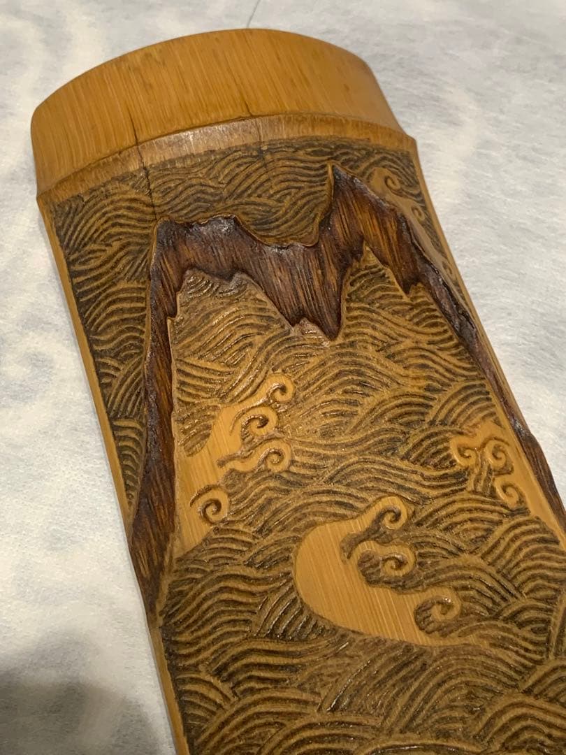 虫喰 竹彫刻 波 茶則 茶合　仙媒　茶道具　煎茶茶道　中国茶 竹工芸 波　水文