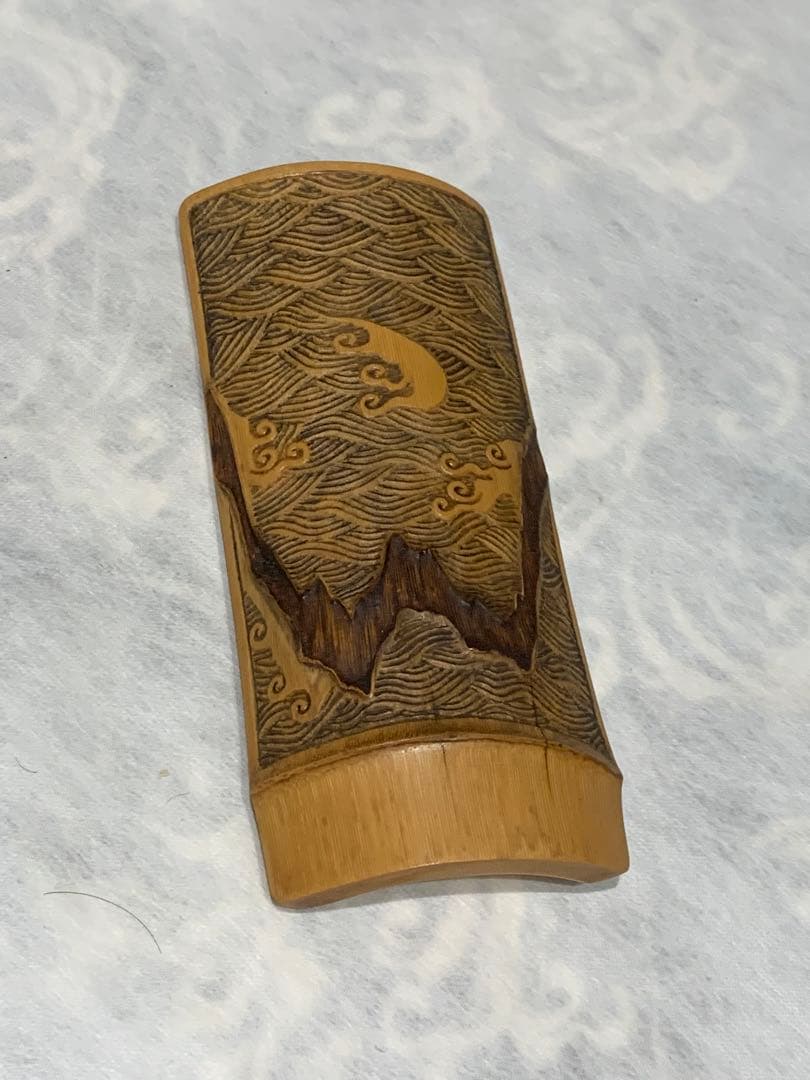 虫喰 竹彫刻 波 茶則 茶合　仙媒　茶道具　煎茶茶道　中国茶 竹工芸 波　水文