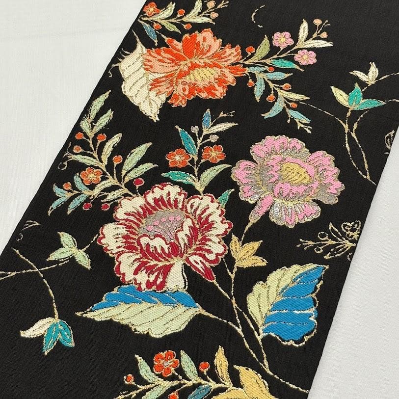 ゆりのはな　龍村美術織物　龍村製　本袋帯　金更紗大唐花錦　唐織　黒地　G203