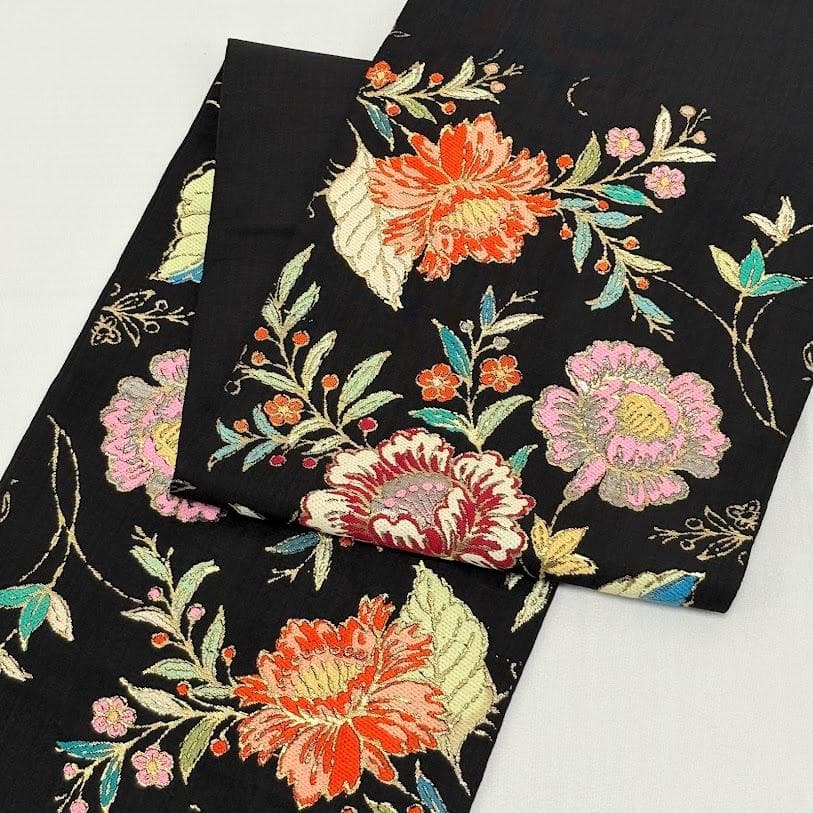 ゆりのはな　龍村美術織物　龍村製　本袋帯　金更紗大唐花錦　唐織　黒地　G203