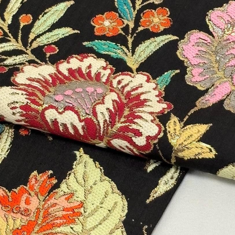 ゆりのはな　龍村美術織物　龍村製　本袋帯　金更紗大唐花錦　唐織　黒地　G203