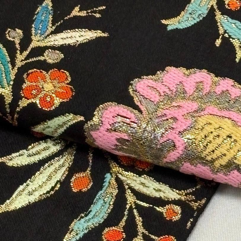 ゆりのはな　龍村美術織物　龍村製　本袋帯　金更紗大唐花錦　唐織　黒地　G203