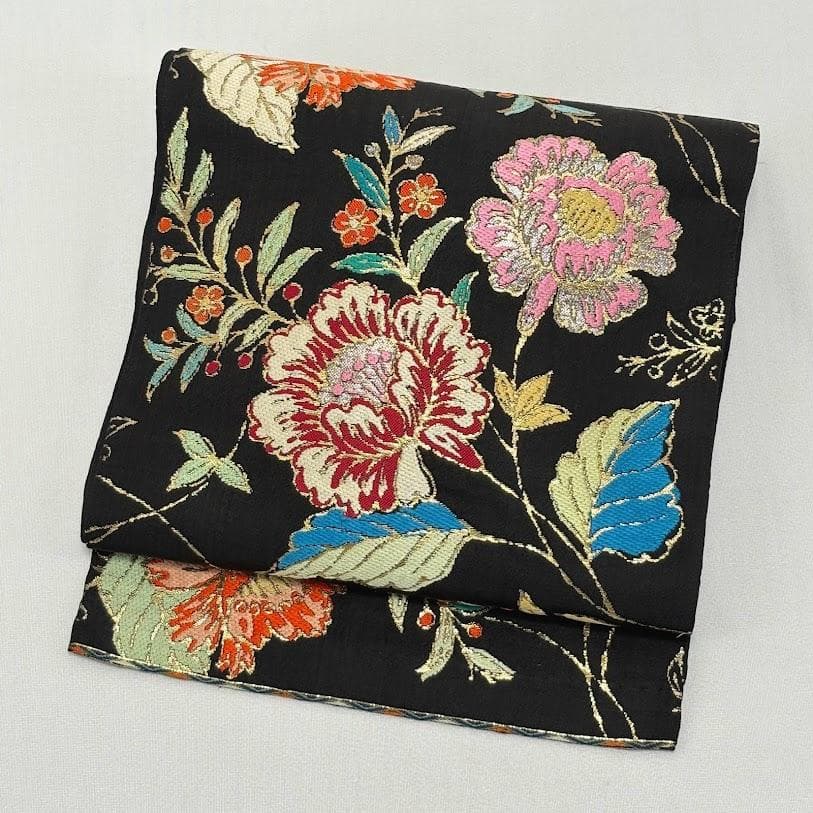 ゆりのはな　龍村美術織物　龍村製　本袋帯　金更紗大唐花錦　唐織　黒地　G203