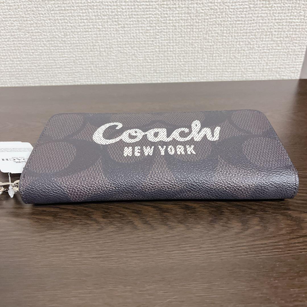 COACH 長財布　ブラウン　ストラップ付き　シグネチャー　ホワイト