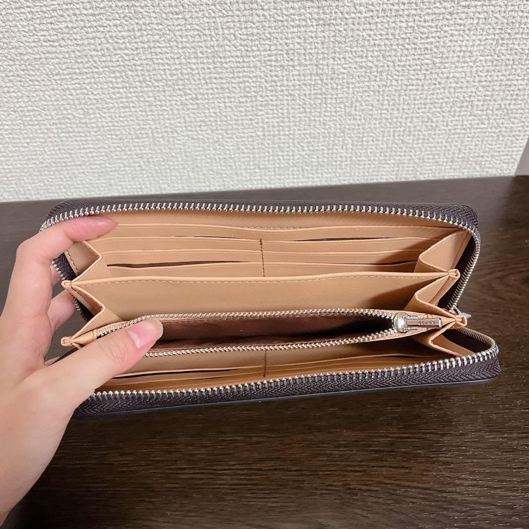 COACH 長財布　ブラウン　ストラップ付き　シグネチャー　ホワイト
